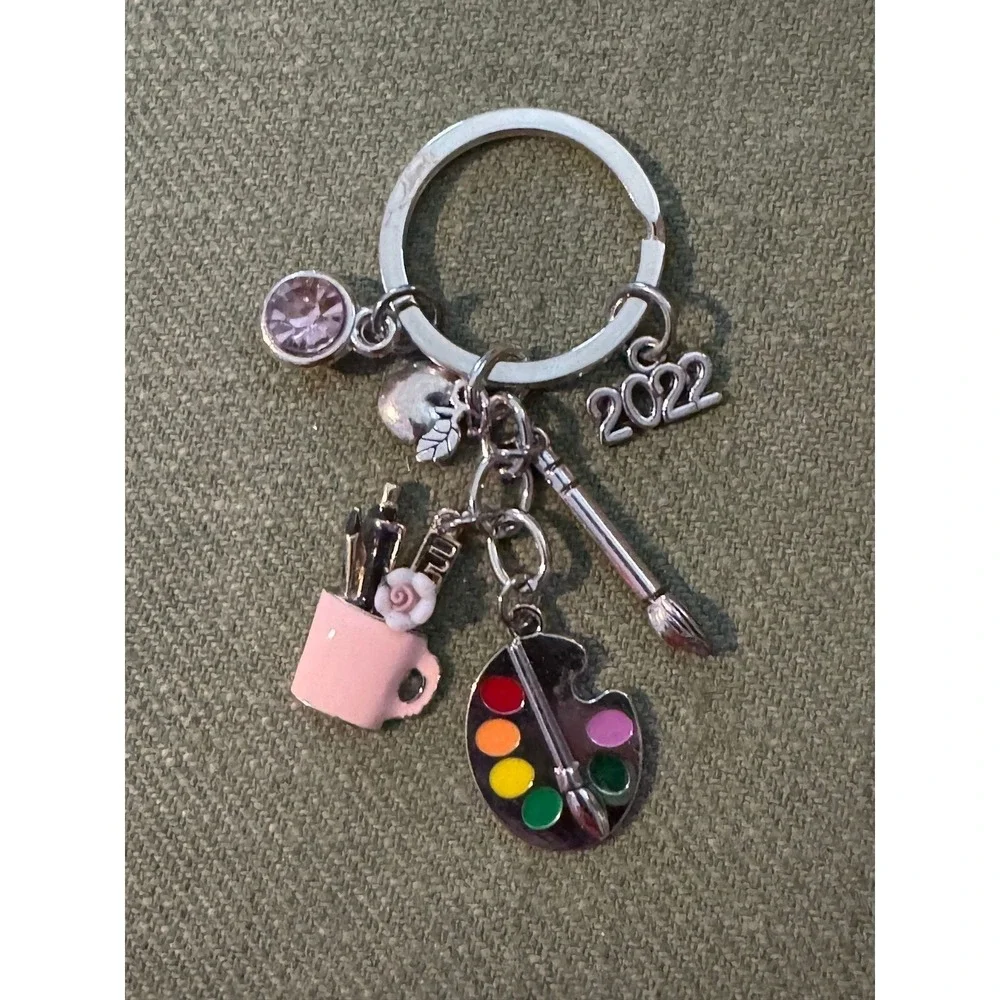 2022 Artist‎ Paint Palette & Brush Charm Keychain Pink Rhinestone Art Theme